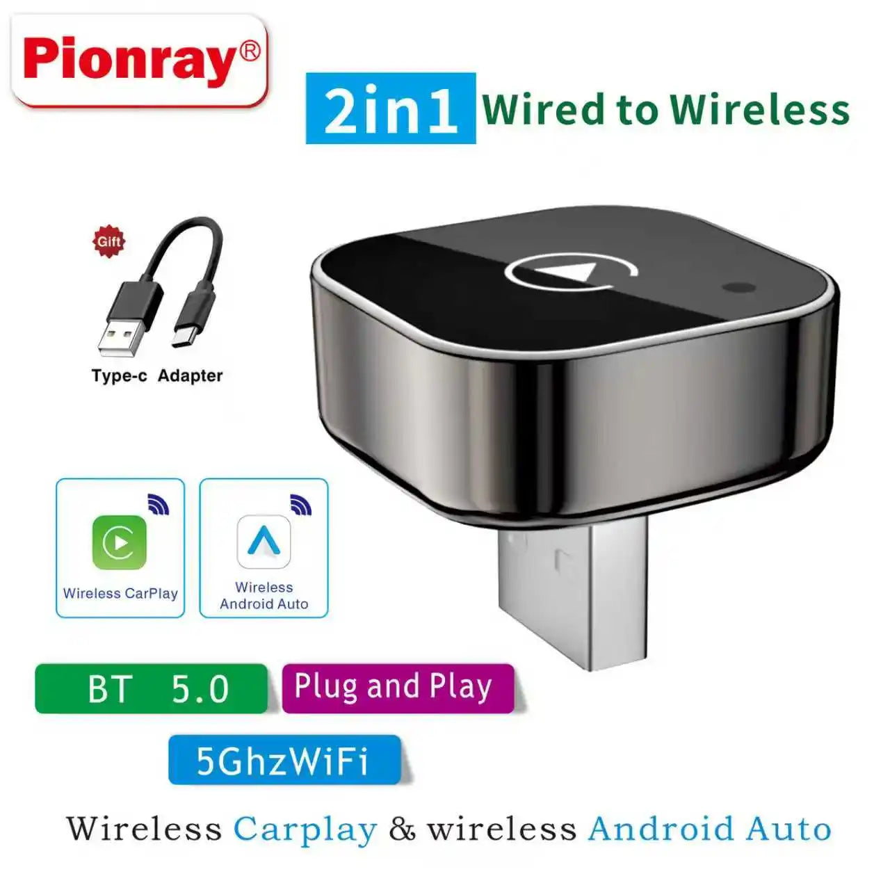Wireless CarPlay Adapter - 2 in 1 Plug & Play for iPhone or Android Auto