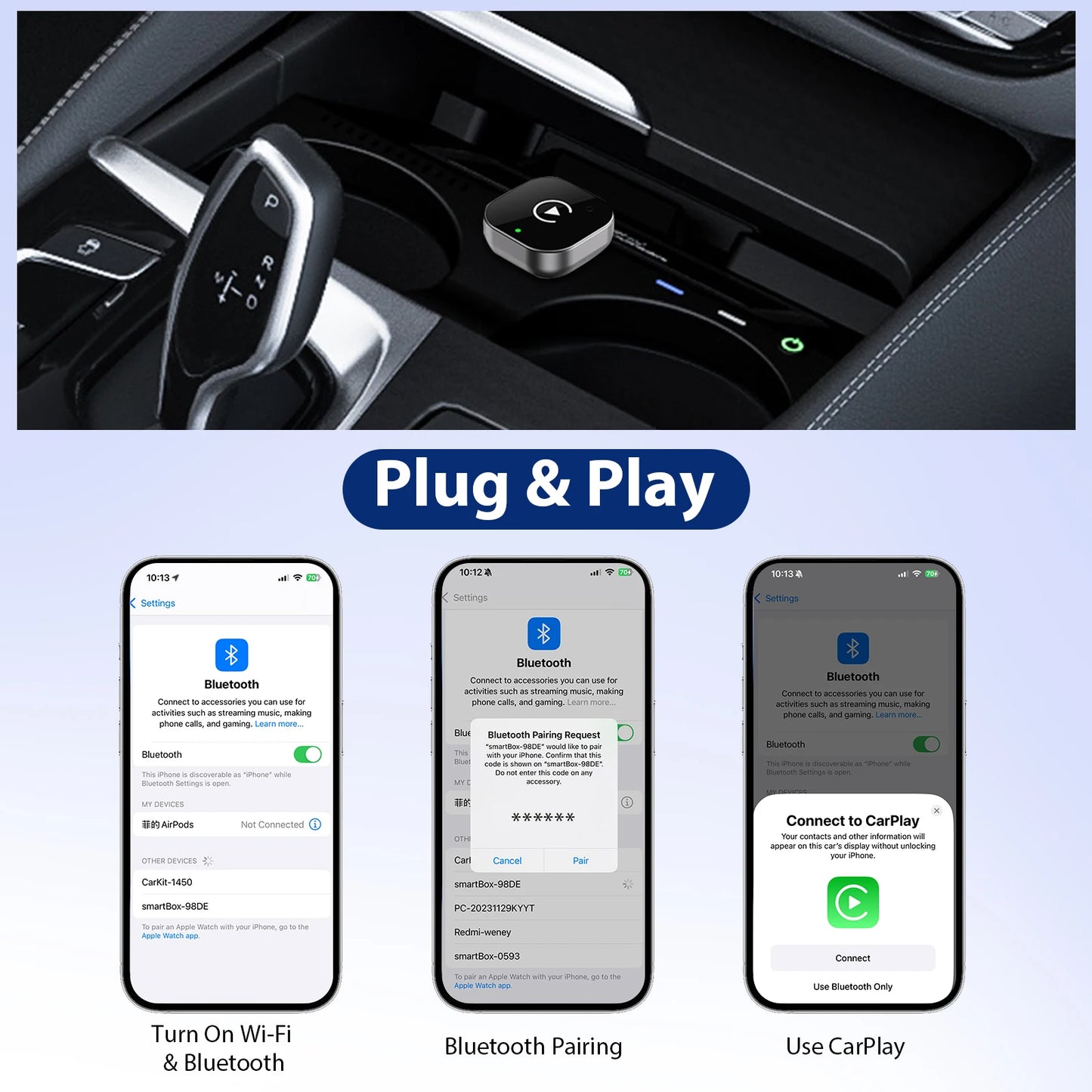 Wireless CarPlay Adapter - 2 in 1 Plug & Play for iPhone or Android Auto