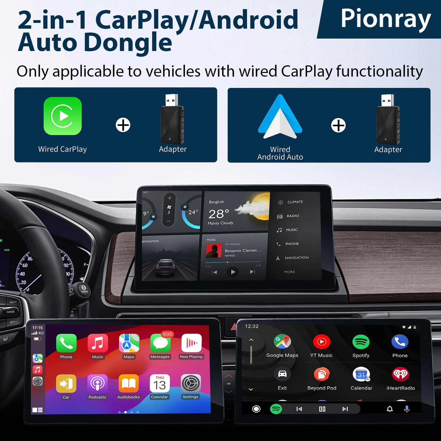 Wireless CarPlay Adapter - 2 in 1 Plug & Play for iPhone or Android Auto