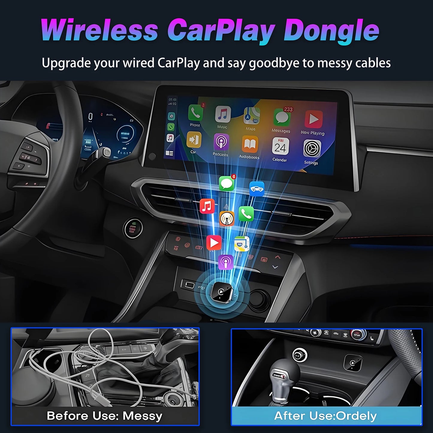 Wireless CarPlay Adapter - 2 in 1 Plug & Play for iPhone or Android Auto