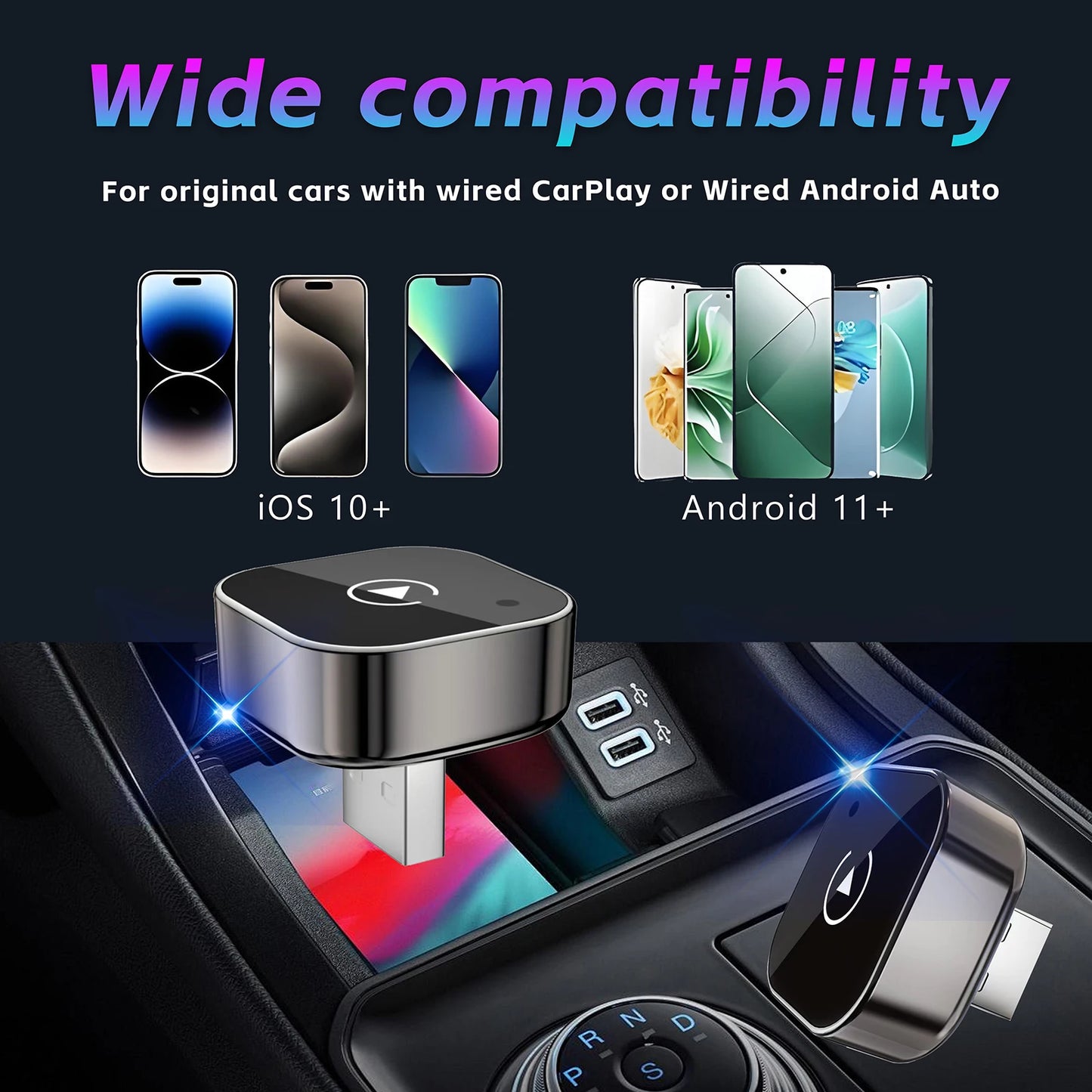 Wireless CarPlay Adapter - 2 in 1 Plug & Play for iPhone or Android Auto