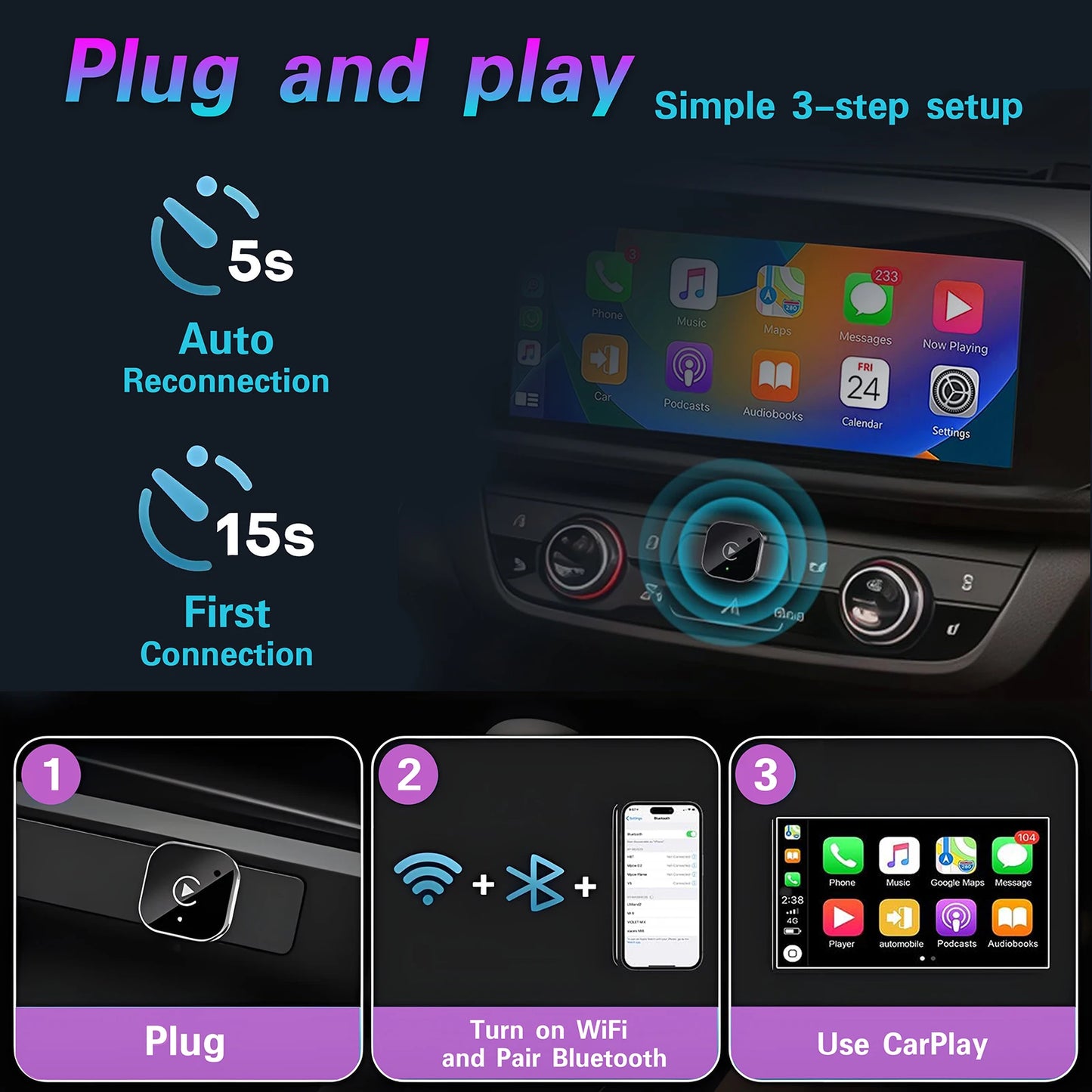 Wireless CarPlay Adapter - 2 in 1 Plug & Play for iPhone or Android Auto