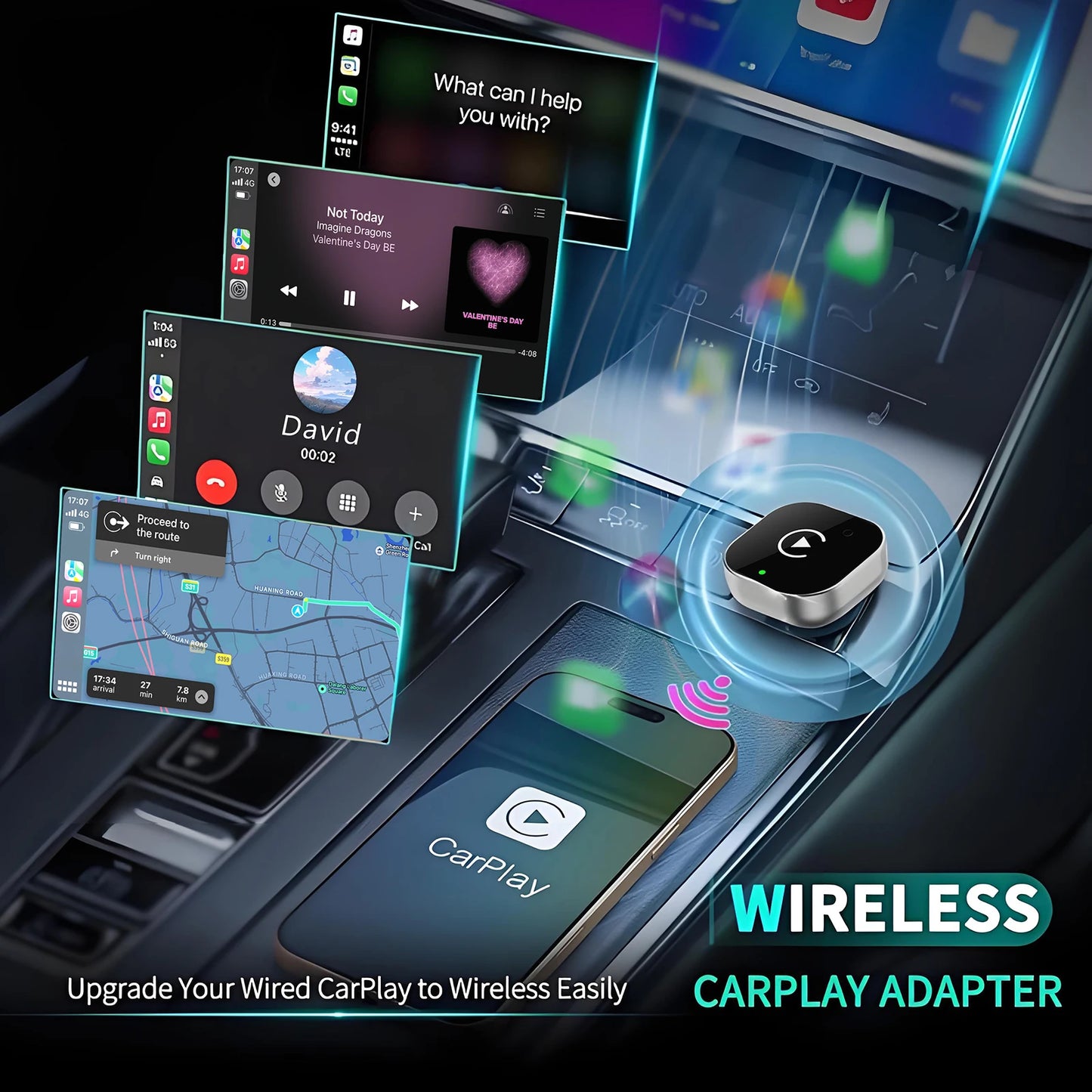 Wireless CarPlay Adapter - 2 in 1 Plug & Play for iPhone or Android Auto