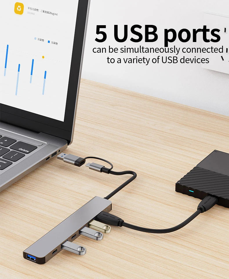 7-in-1 USB-C Hub - Aluminum USB 3.0 Splitter
